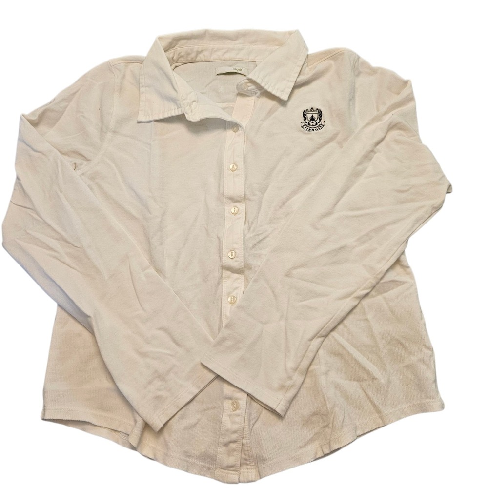 LizGolf Womens White Long Sleeve Button Front Golf Shirt Sz L Crest Logo Vintage